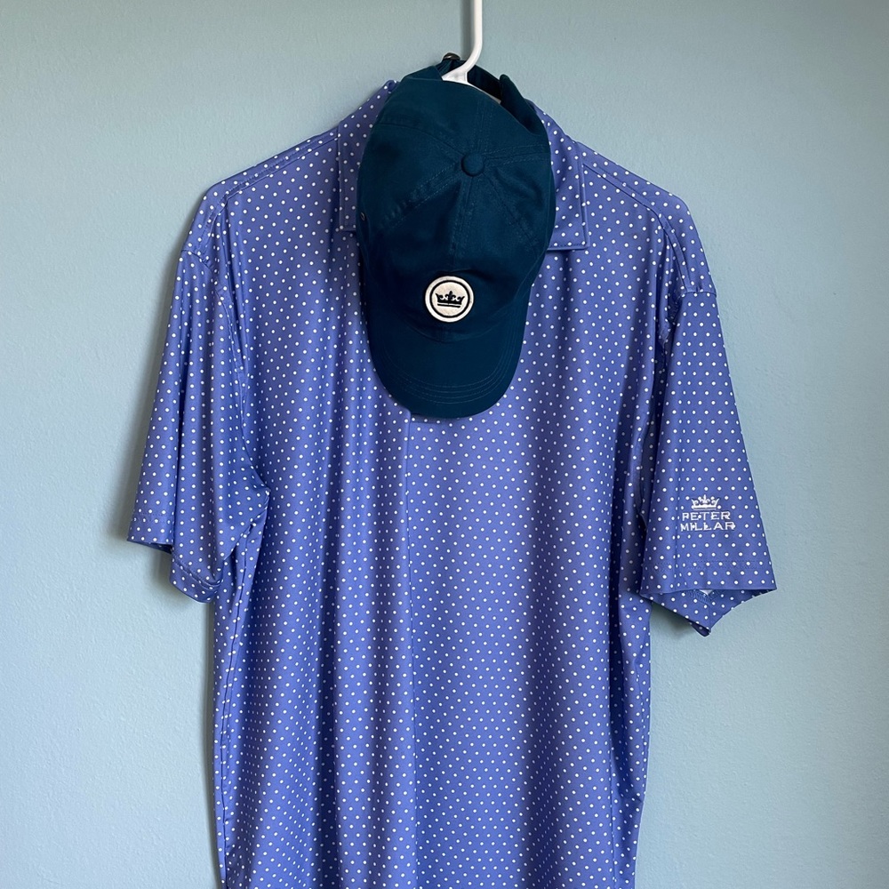 Peter Millar Summer Comfort Blue Polka Dot Golf Polo Shirt Mens Size L and Hat